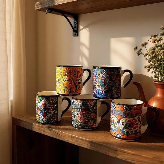 Turkish Iznik Ceramic Mug Set of 6 – 10oz / 295ml Colorful Ottoman Pattern Coffee & Tea Cups – Handmade Pottery Gift