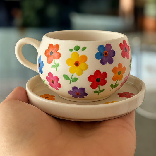 Handmade Ceramic Floral Cup and Saucer Set: Boho Tea & Coffee Mug