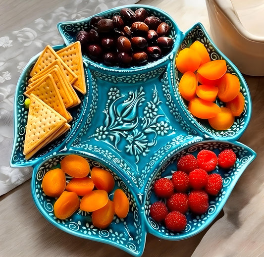 Multi Compartment Turkish Ceramic Bowl, Appetizer Tray, Tapas & Snack Dish, Decorative Nuts Plate, Keys or Candy Holder