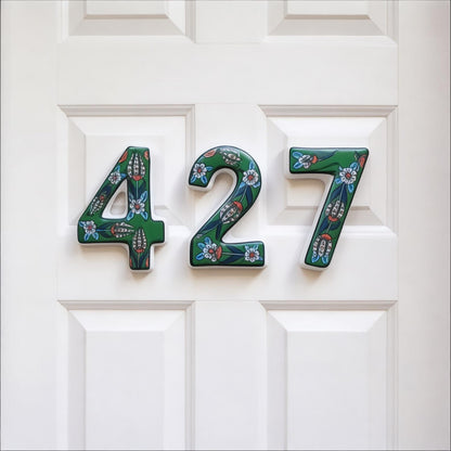 Hand-Painted Green Floral Ceramic House Number – Outdoor Address Door Sign
