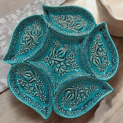 Handmade Turkish Ceramic Serving Set – 6-Section Divided Tray + 6 Mini Bowls – Turquoise Ottoman Floral Gift for Home & Kitchen