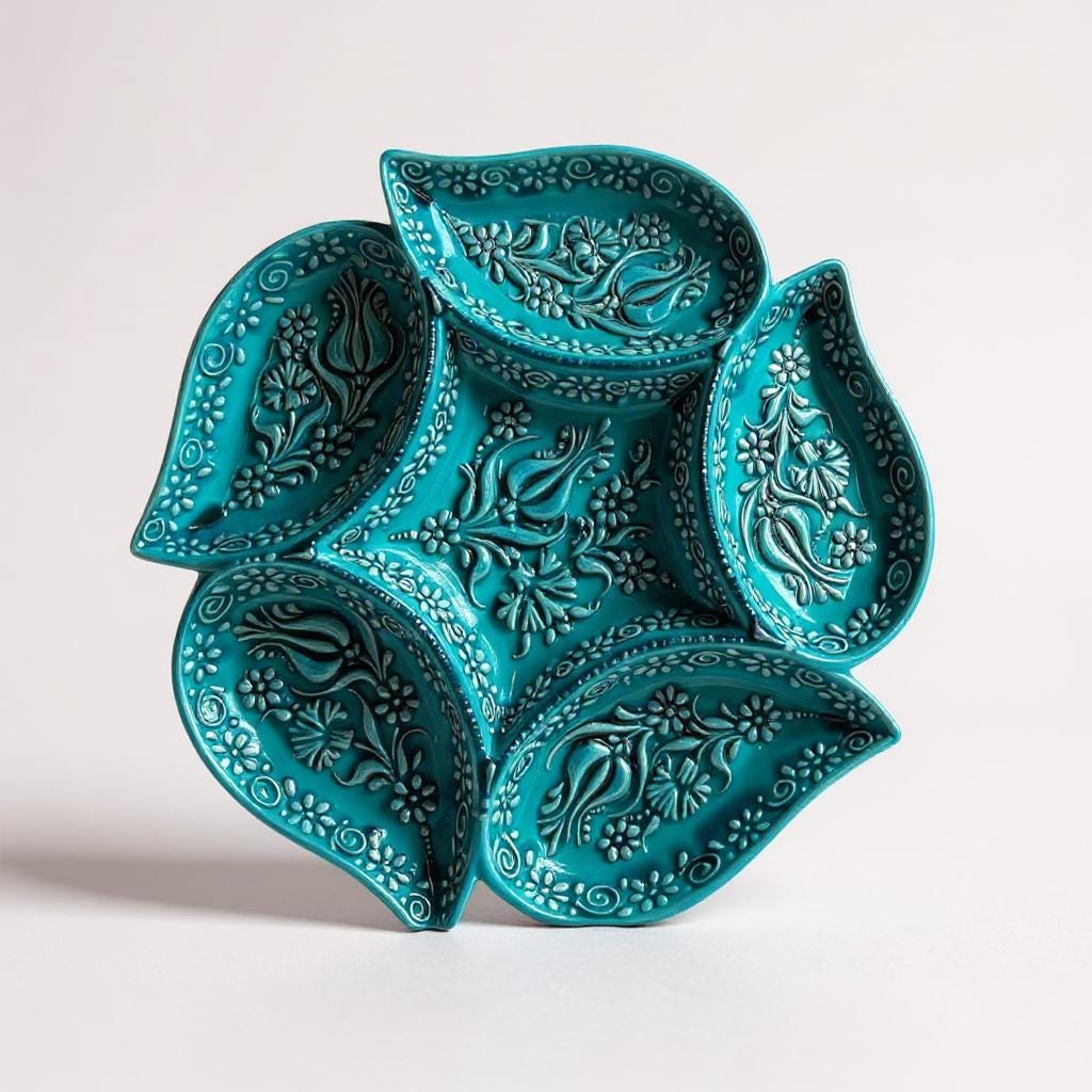 Handmade Turkish Ceramic Serving Set – 6-Section Divided Tray + 6 Mini Bowls – Turquoise Ottoman Floral Gift for Home & Kitchen