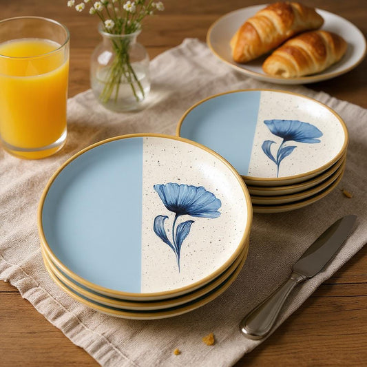 Handmade Ceramic Dessert Plates – 6 Piece Blue & White Floral Set – 8 Inch Appetizer or Salad Plates – Modern Artisan Tableware