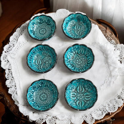 Handmade Turquoise Turkish Bowls - Ceramic Floral Dish Set - Boho Decor