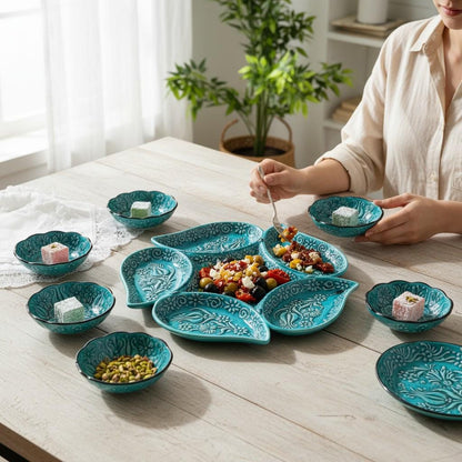 Handmade Turkish Ceramic Serving Set – 6-Section Divided Tray + 6 Mini Bowls – Turquoise Ottoman Floral Gift for Home & Kitchen