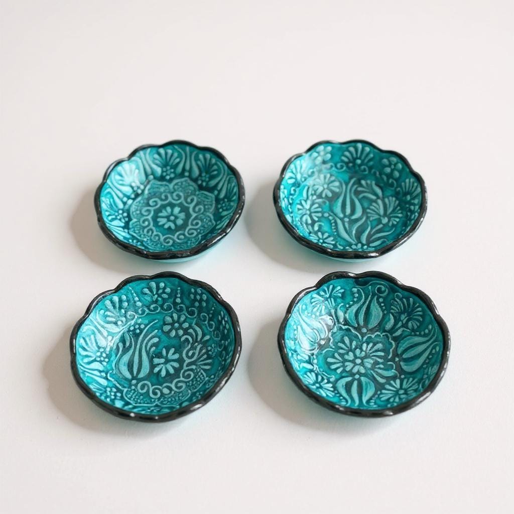 Handmade Turquoise Turkish Bowls - Ceramic Floral Dish Set - Boho Decor