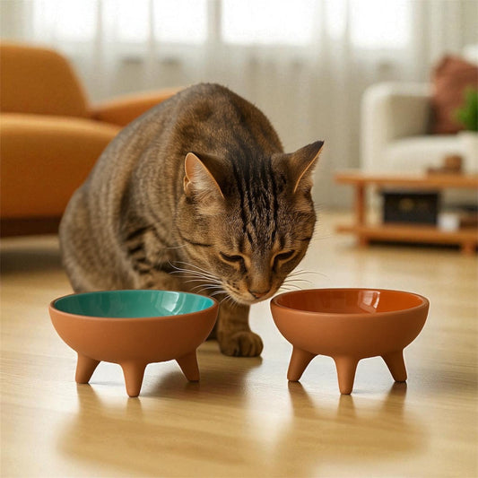 Modern Ceramic Cat Food Bowls: Elevated Blue & Orange Pottery Set