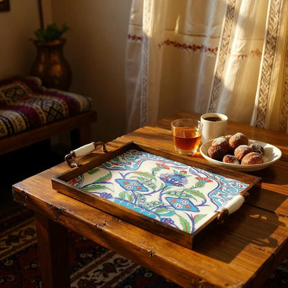 Handmade Wooden Serving Tray: Iznik Ceramic Tile, Ottoman Decor