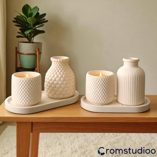 Textured Stone Powder Vase & Candle Holder Set - Modern Home Decor