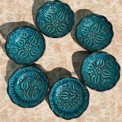 Handmade Turquoise Turkish Bowls - Ceramic Floral Dish Set - Boho Decor