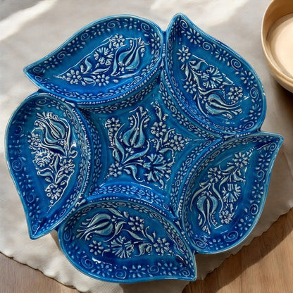Multi Compartment Turkish Ceramic Bowl, Appetizer Tray, Tapas & Snack Dish, Decorative Nuts Plate, Keys or Candy Holder