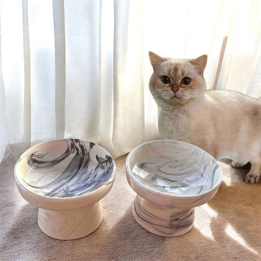 Elevated Ceramic Cat Bowl – Raised Pet Feeder for Cats & Small Dogs – Modern Marble Design – Anti-Slip, Ergonomic Food Dish