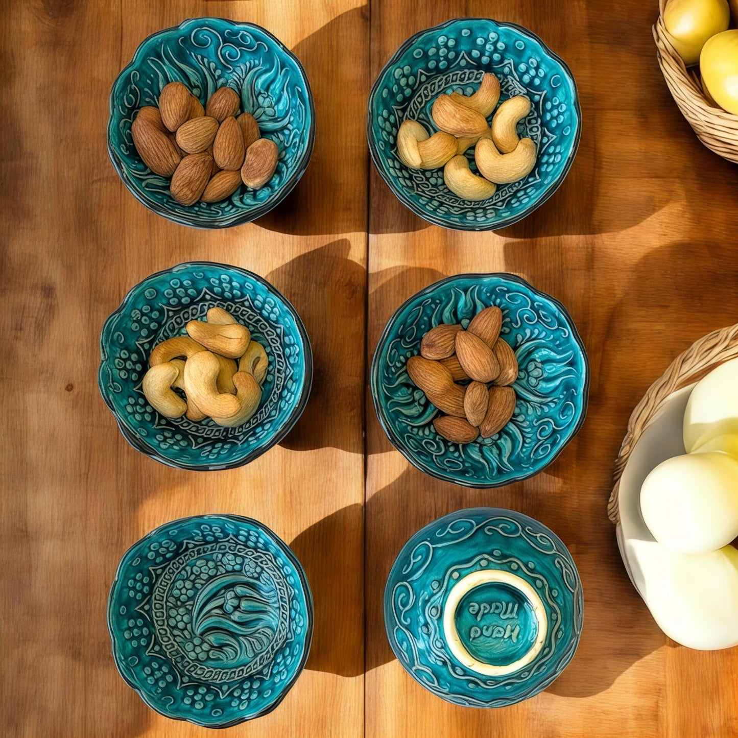 Handmade Turquoise Turkish Bowls - Ceramic Floral Dish Set - Boho Decor