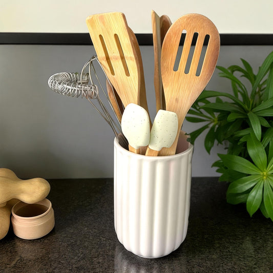 Hand-Painted Ceramic Utensil Holder: Rustic Floral Kitchen Decor