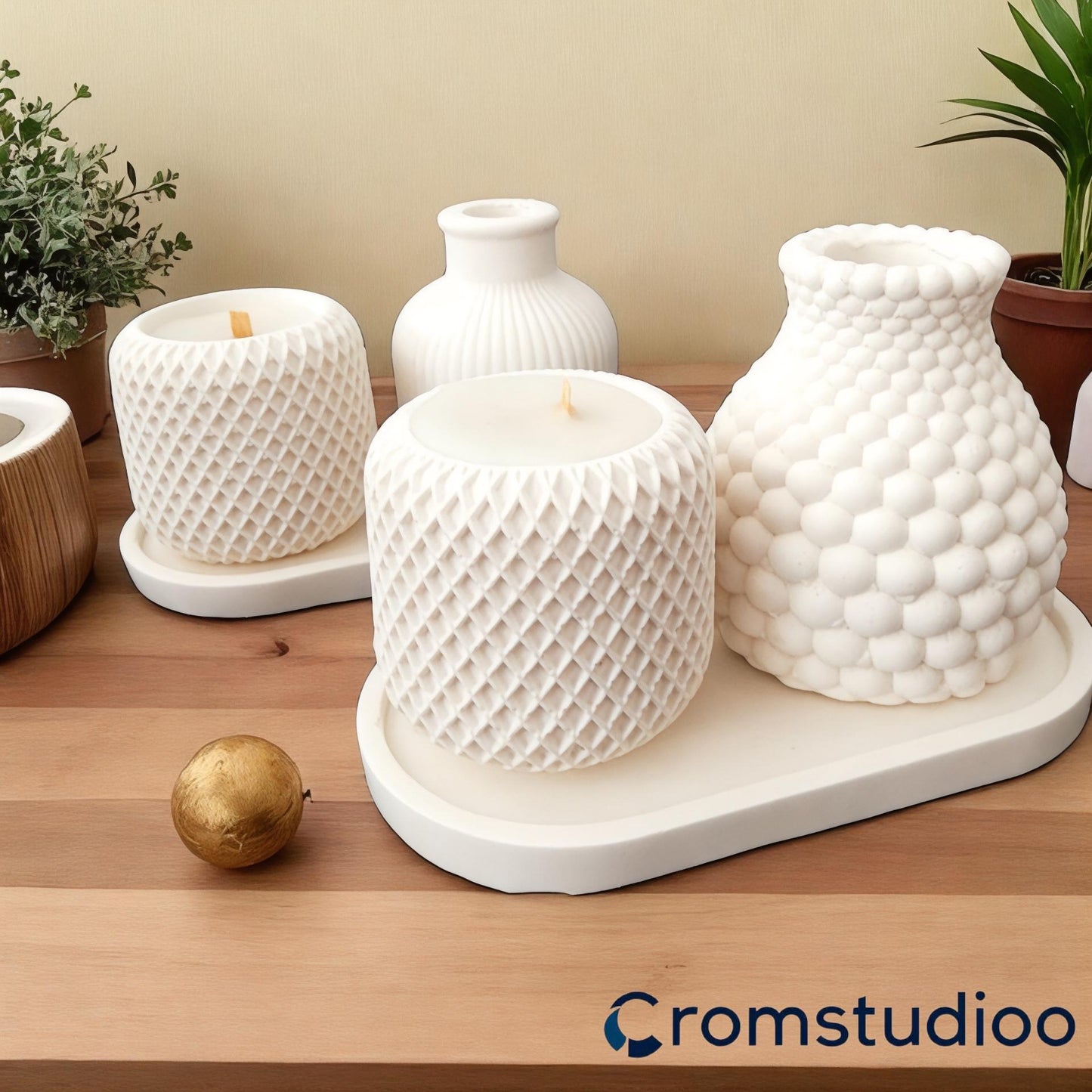 Textured Stone Powder Vase & Candle Holder Set - Modern Home Decor