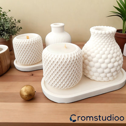 Textured Stone Powder Vase & Candle Holder Set - Modern Home Decor