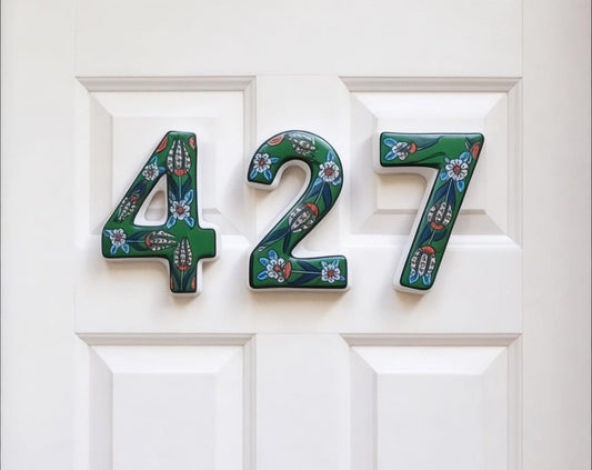 Hand-Painted Green Floral Ceramic House Number